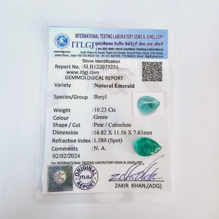Certified Emerald (Panna)-10.30 Carats (11.33 Ratti) Zambian, SKU:XTCI24_Pear10.30