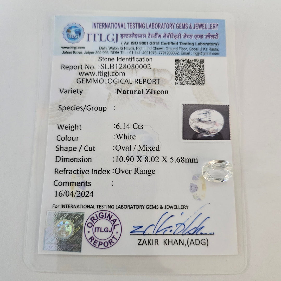Certified White Zircon 6.14 Cts (6.75 Ratti)