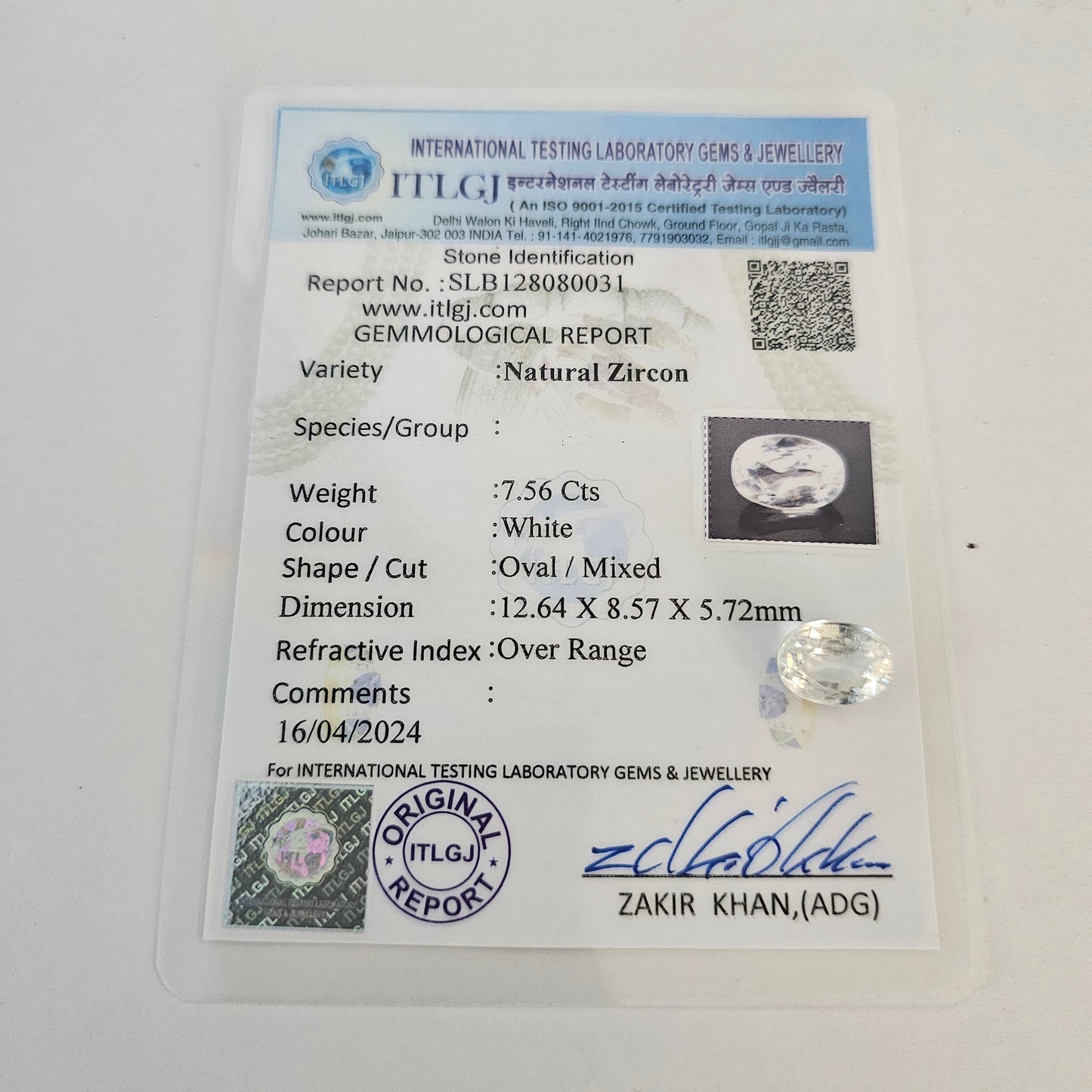 Certified White Zircon 7.56 Cts (8.31 Ratti) YGVW80
