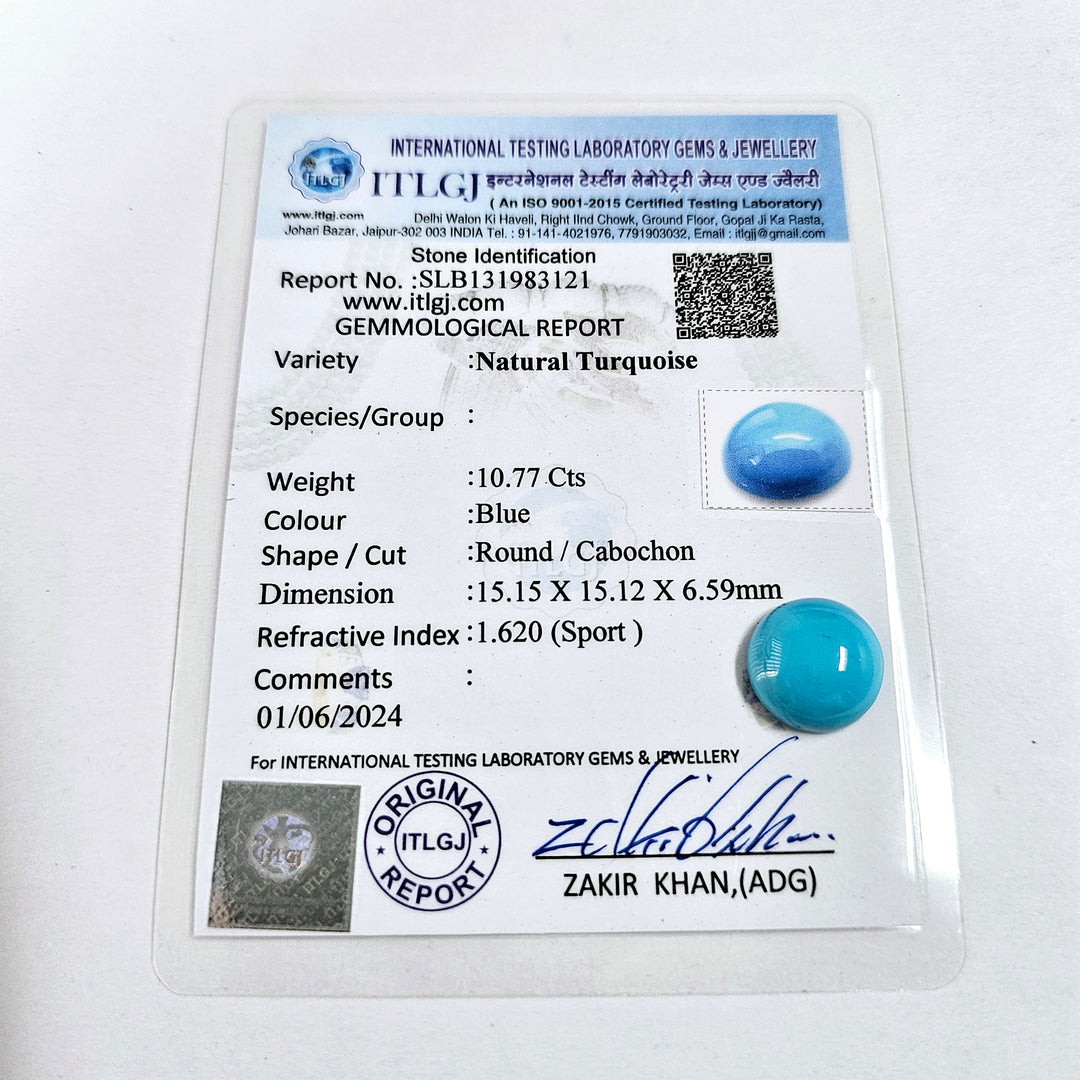 Certified Arizona Turquoise (Firoza) Round 10.77Cts (11.84 Ratti)