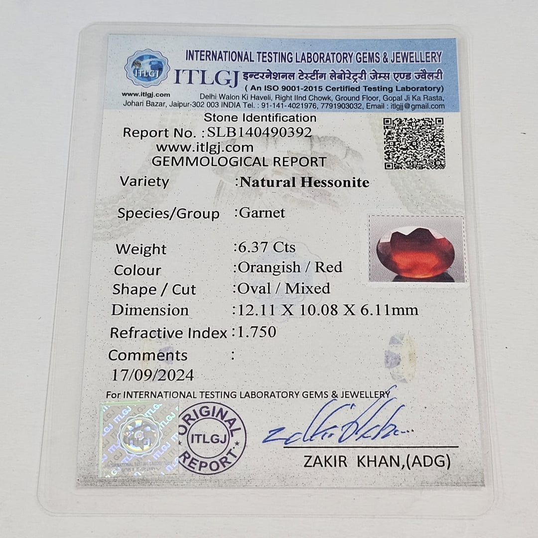 Certified Hessonite (Gomed) 6.39 Cts (7.02 Ratti) India YONF04