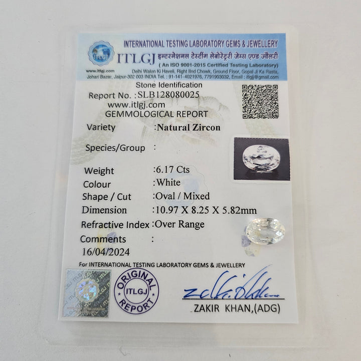 Certified White Zircon 6.17 Cts (6.79 Ratti)