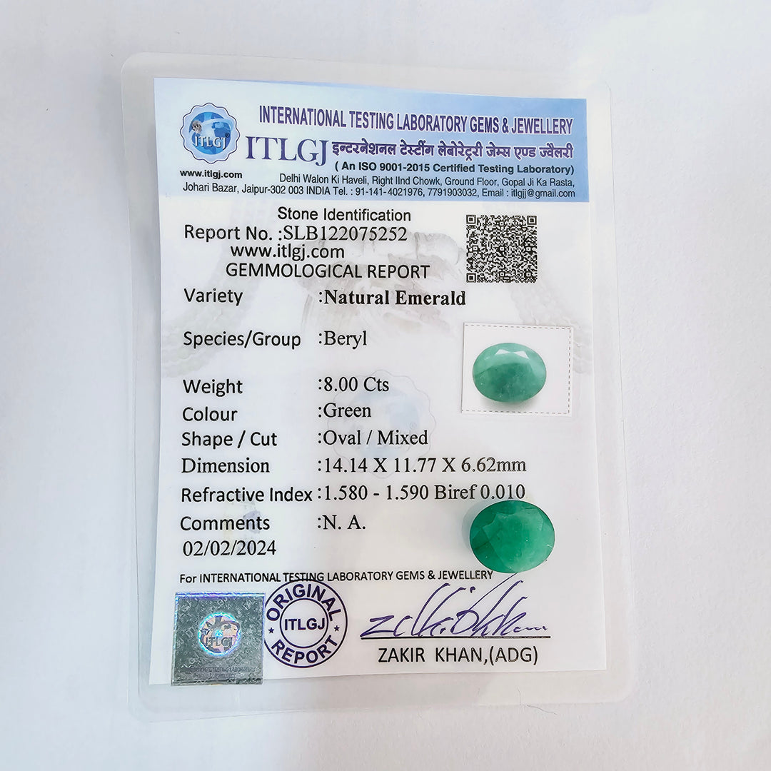 Certified Zambian Emerald (Panna)-8.00 Carats (8.80 Ratti) Zambia, SKU:YSXB61
