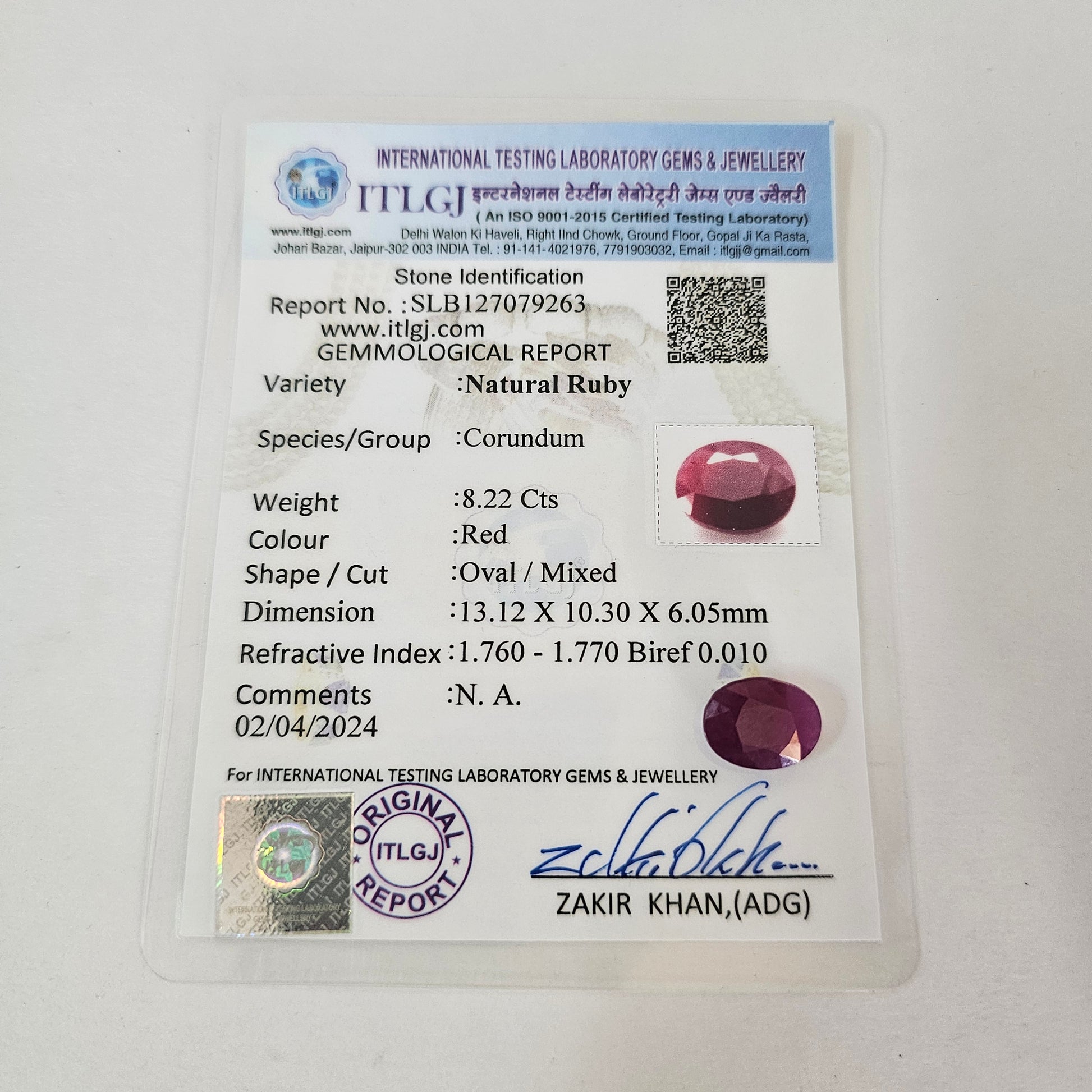 Certified Ruby (Manik) 8.21 Cartas (9.03 Ratti)