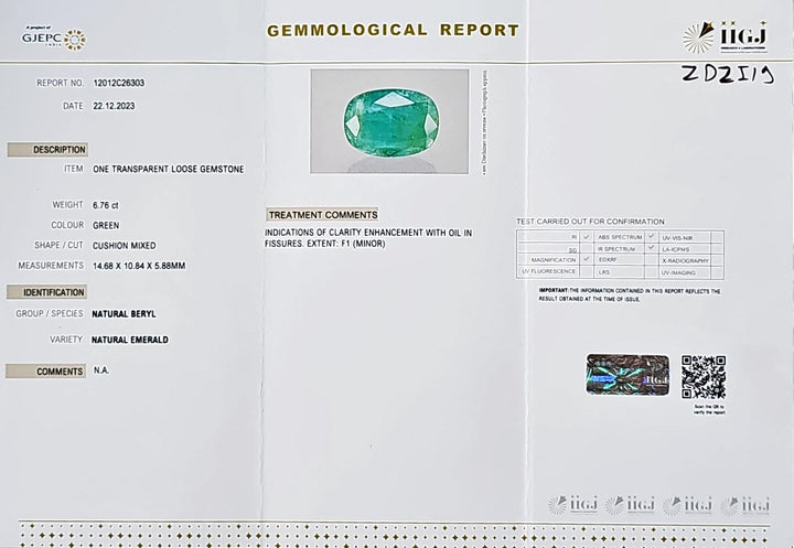 Certified Zambian Emerald (Panna)-6.77 Carats (7.45 Ratti) Zambia, SKU:ZDZI19