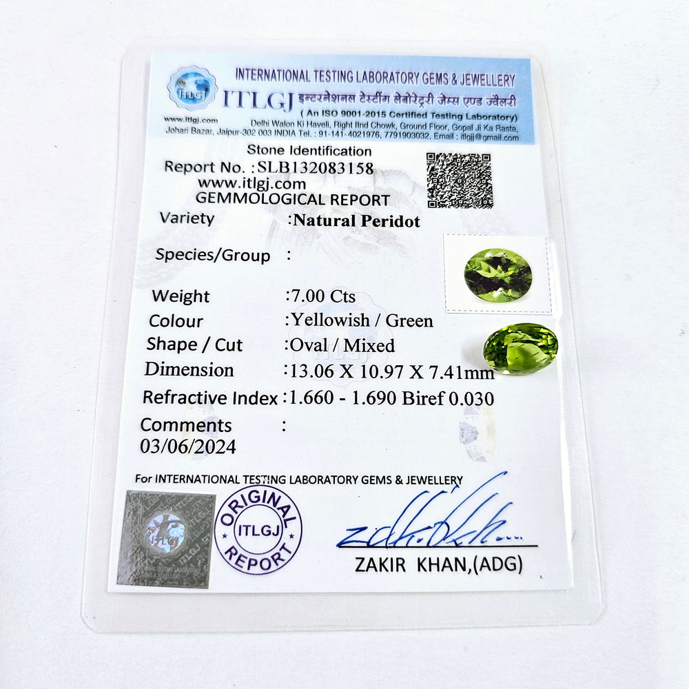 Certified Peridot Oval 7.00 Carats