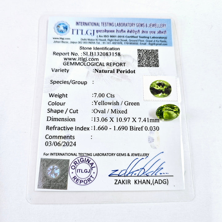 Certified Peridot Oval 7.00 Carats