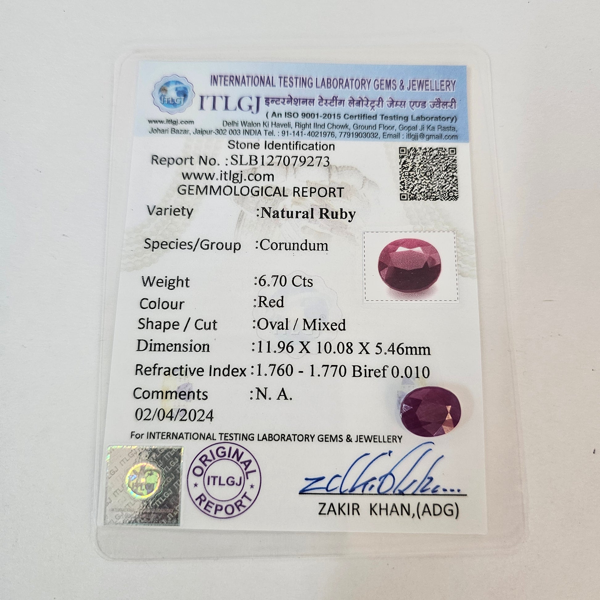 Certified Ruby (Manik) 6.68 Cartas (7.35 Ratti)