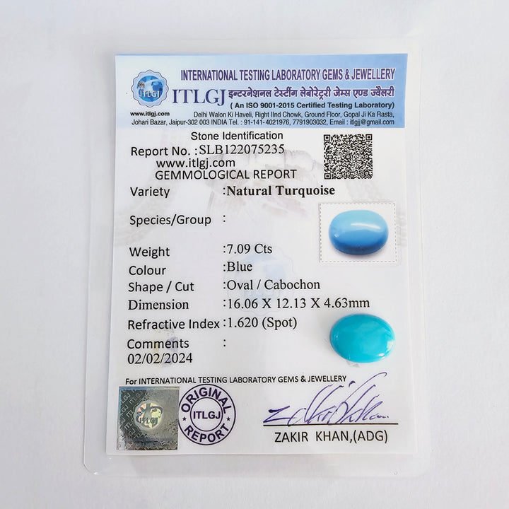 Certified Arizona Turquoise (Firoza) Oval 6.80 Cts (7.48 Ratti)