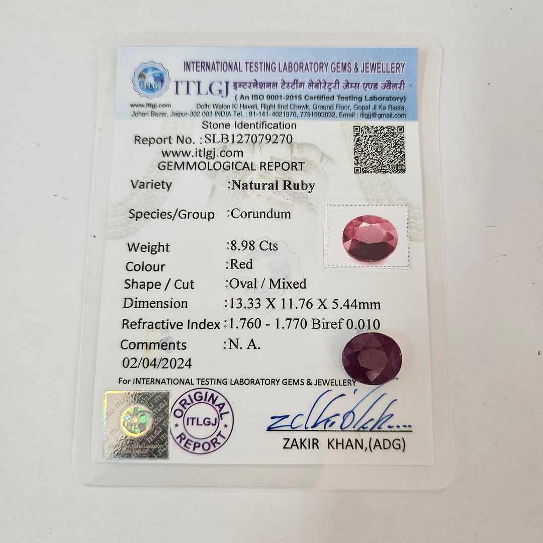 Certified Ruby (Manik) 8.92 Cartas (9.81 Ratti) SKU-ZXZA17