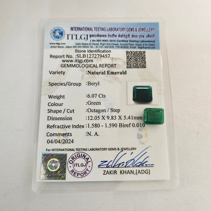 Certified Zambian Emerald (Panna)-6.05 Carats (6.66 Ratti) Zambia, SKU:ZYXB74