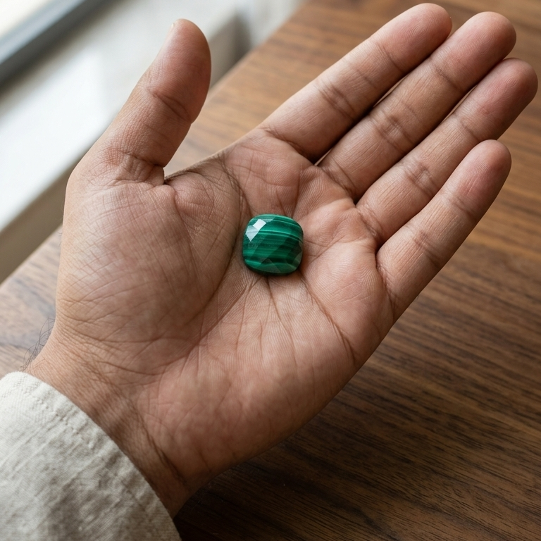 Hand holding a green malachite cushion shaped gemstone on a wooden surface with a window in the background