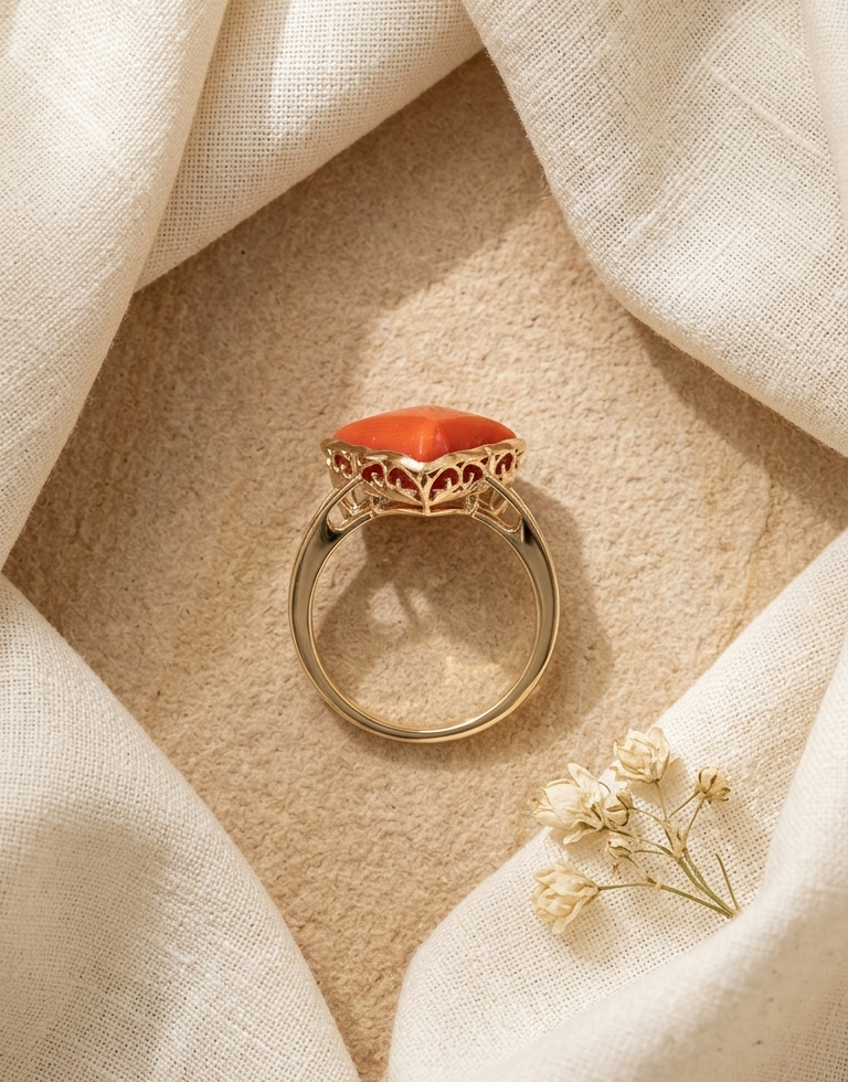8.14 Carat Moonga Ring (Red Coral) in 14K Gold – Customised Gallery Design