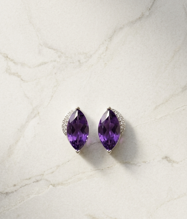 Amethyst & Diamond Stud Earrings in 18k white gold in Marquise Shape – Bespoke Creation