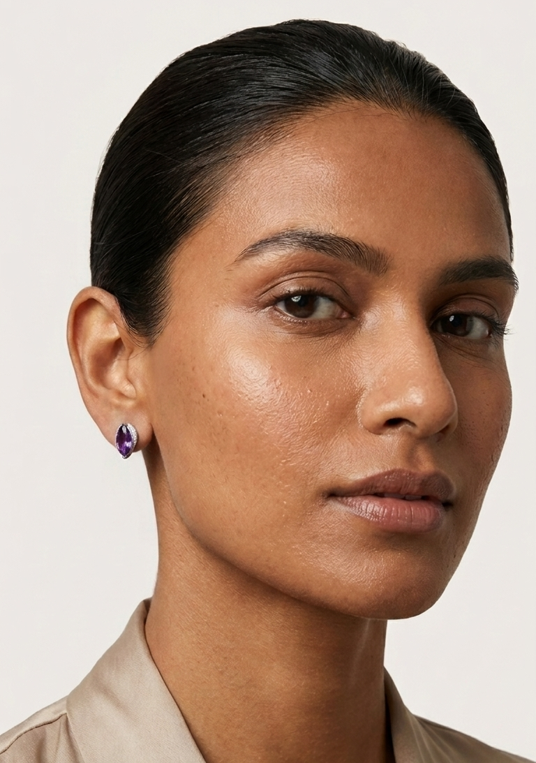Amethyst & Diamond Stud Earrings in 18k white gold in Marquise Shape – Bespoke Creation