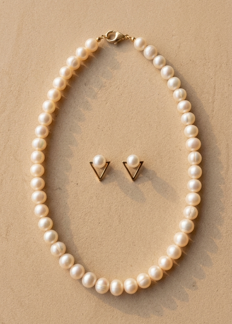 White Pearl Pendant & Earrings Set in 18K Gold – Timeless Elegance