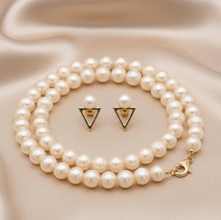 White Pearl Pendant & Earrings Set in 18K Gold – Timeless Elegance
