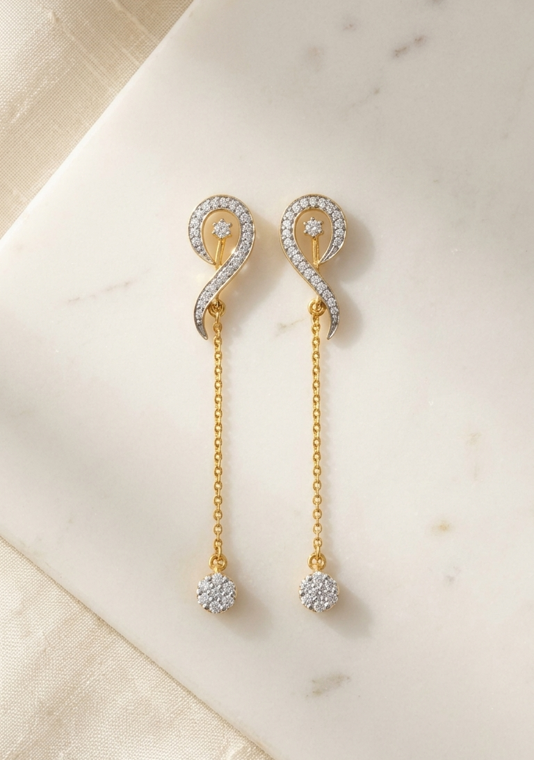 18K Gold Diamond Chain Drop Earrings – Pavé & Cluster Design