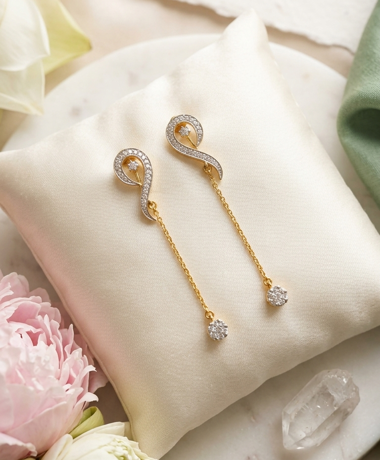 18K Gold Diamond Chain Drop Earrings – Pavé & Cluster Design