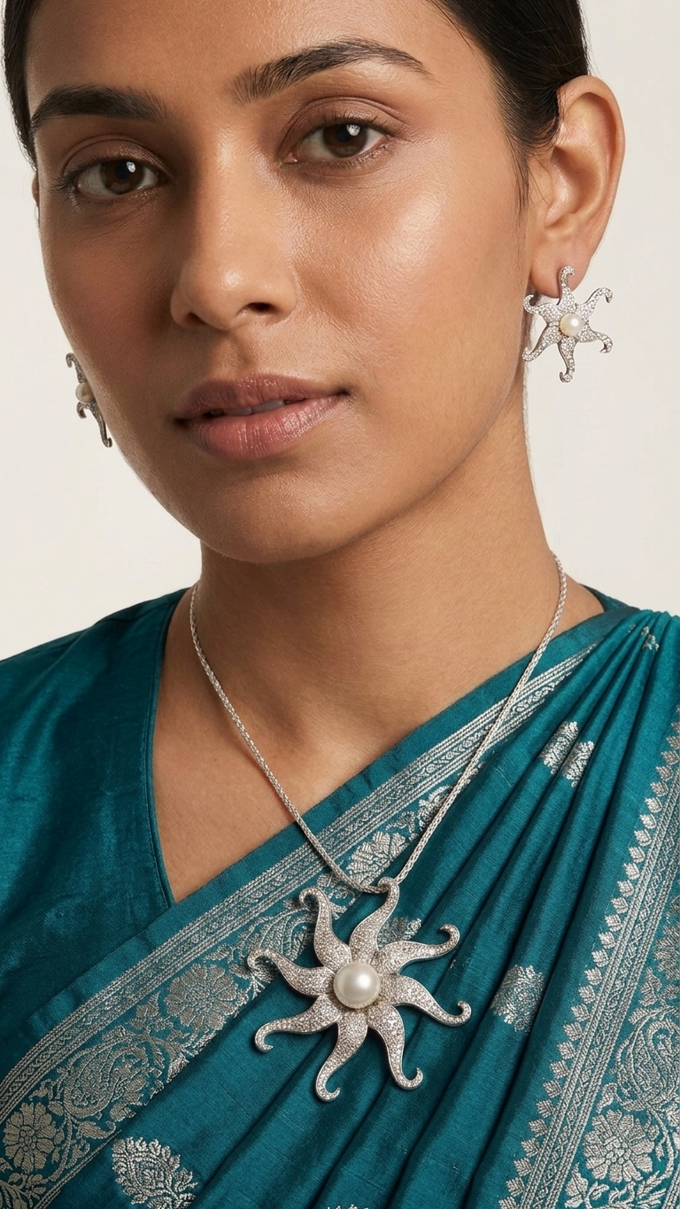 Woman wearing a teal saree with silver jewelry, including earrings and a necklace.