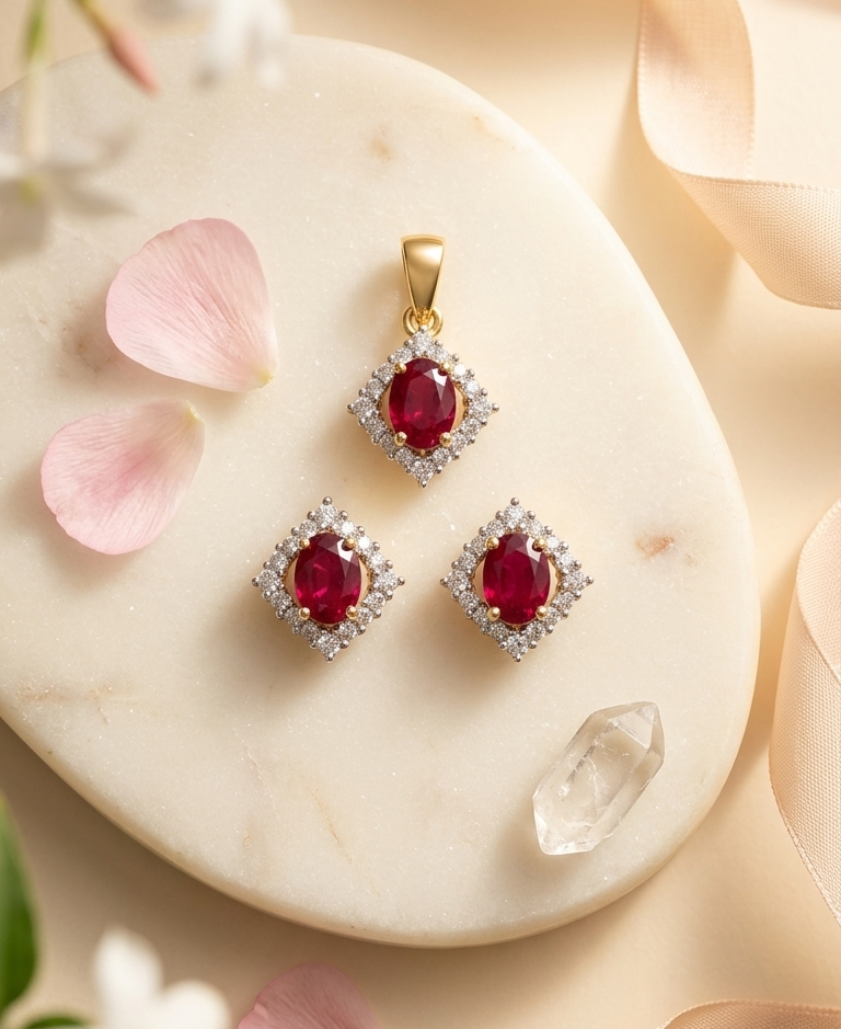 Ruby & Diamond Halo Jewellery Set in 14k Gold
