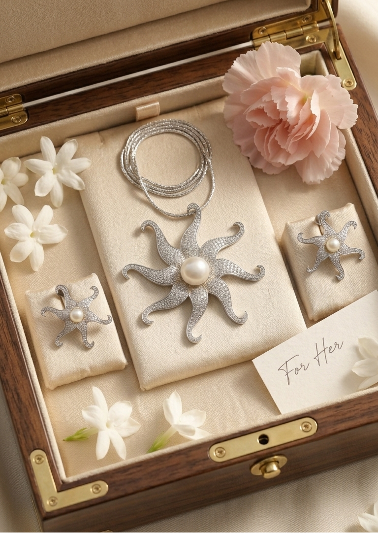Jewelry box with starfish-shaped earrings and a card inside