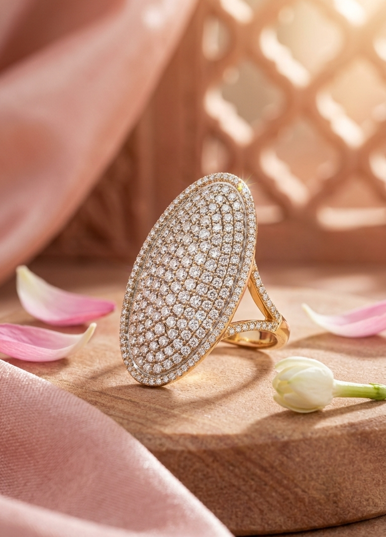Oval Pave Diamond Statement Ring 14K Gold
