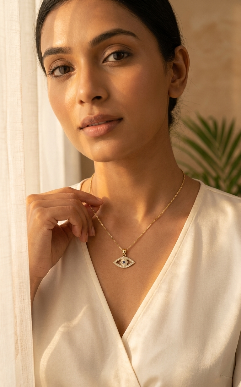 18K Gold Diamond & Sapphire Evil Eye Pendant