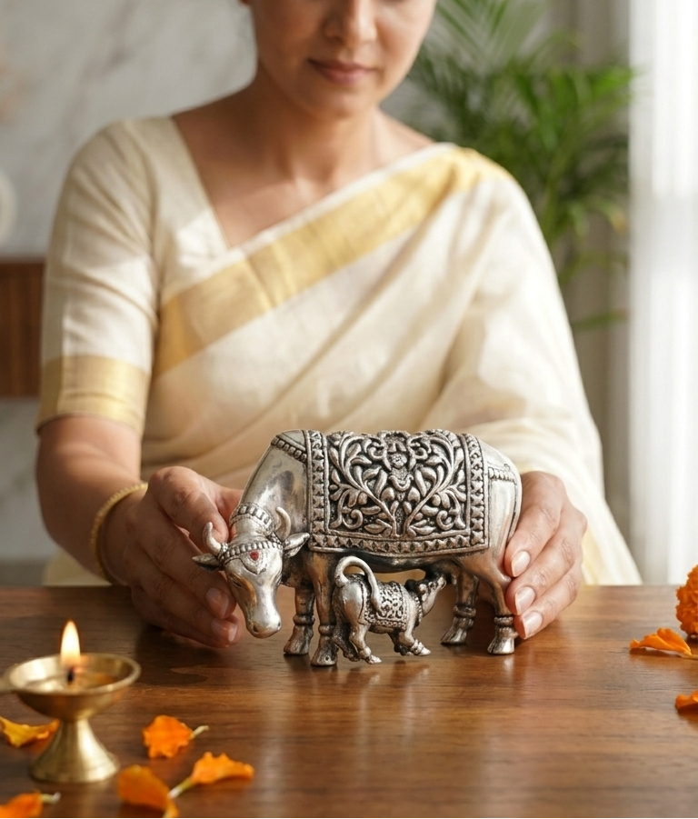 Woman in a white saree holding a decorative metal cow and calf sculpture on a wooden table.