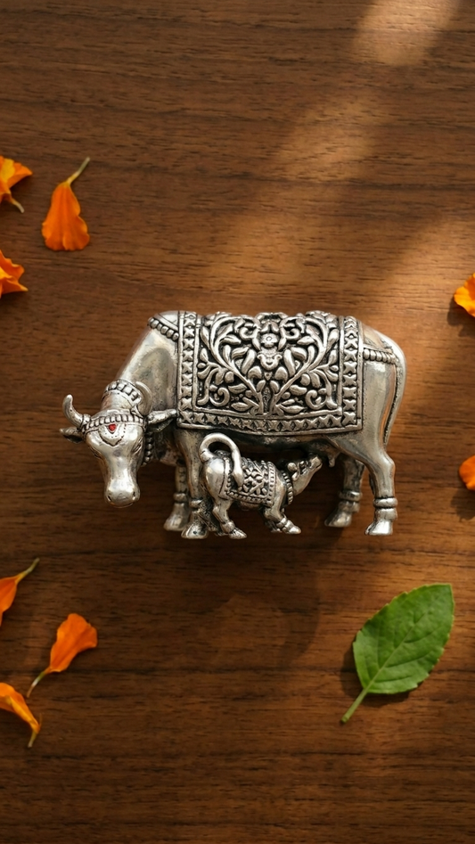 Silver-Plated Gaumata (cow) & Calf Idol (25gms)