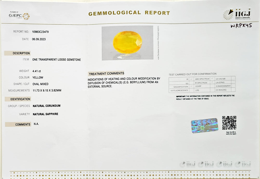 Certified Yellow Sapphire-4.40 Carats (4.84 Ratti) Thailand, SKU:WRPX45